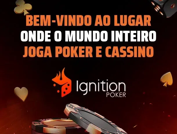 Arte de boas-vindas da Ignition com o logotipo, fichas de poker e naipes dourados sobre fundo preto com brasas
