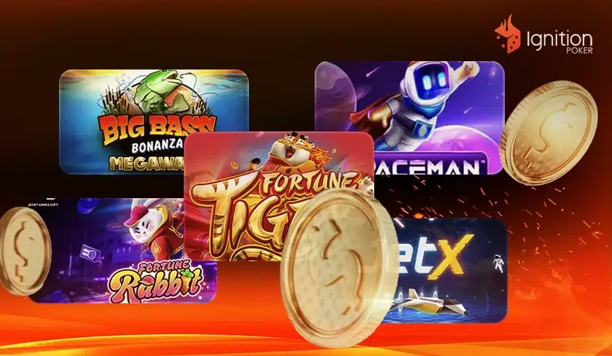 Capas de slots da Ignition entre moedas douradas sobre uma faixa de fogo: Big Bass Bonanza Megaways, Spaceman, Fortune Tiger, Fortune Rabbit e JetX